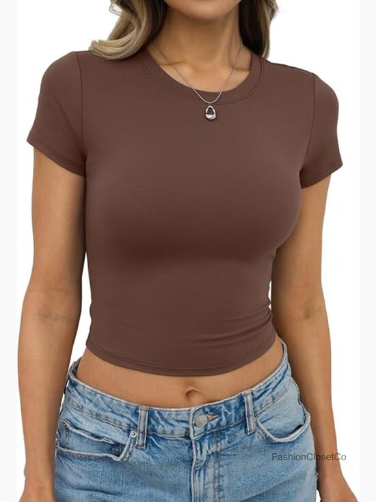 Tops - Womens Short Sleeve Crop Top Crewneck Casual Fitted Tee Y2k Summer Going Out